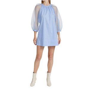 Staud Garden Puff Sheer Sleeve Mini Dress Womens Medium Blue Crew Neck Shift